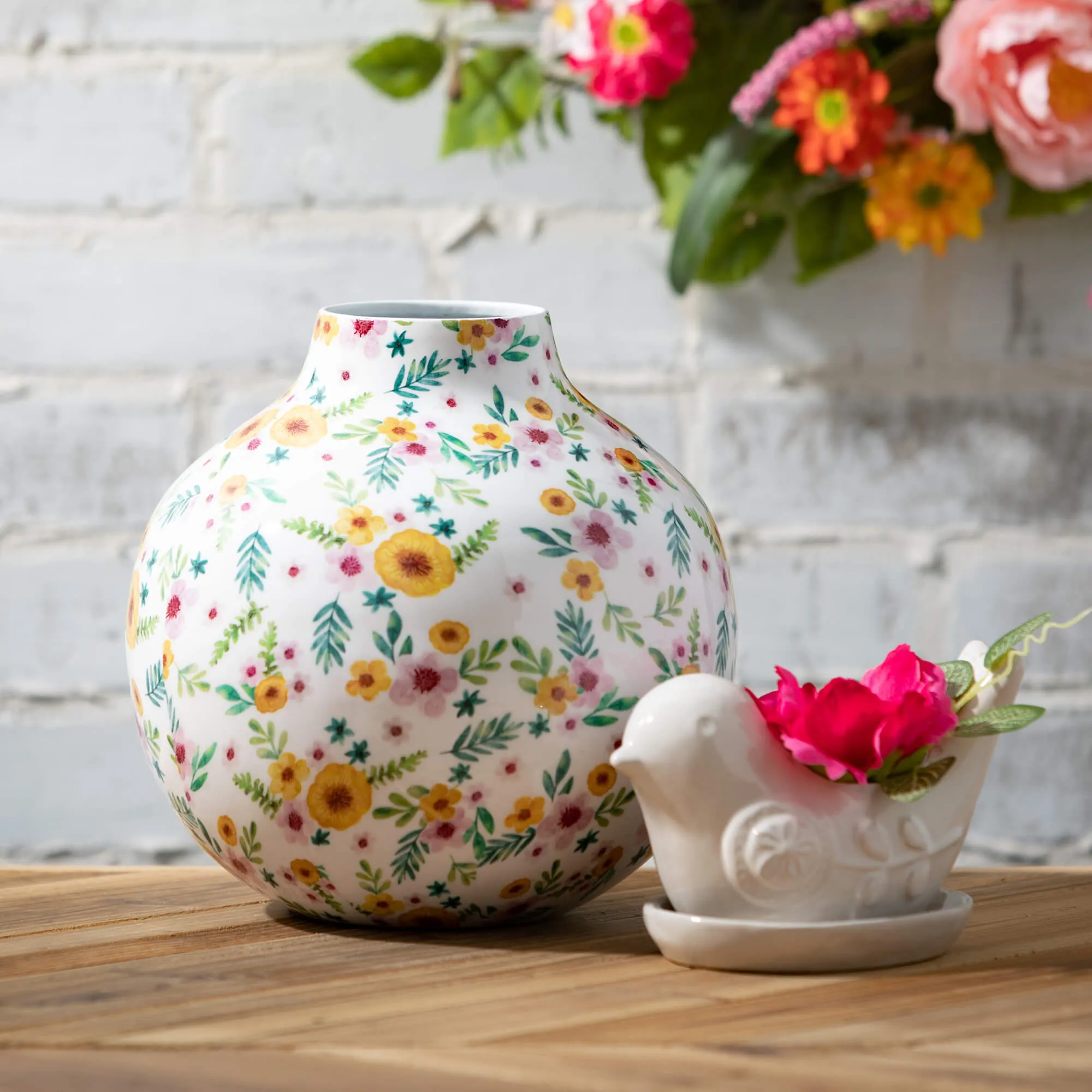 7.5"H Sullivans Raised Floral Bird Planter Set of 2, White
