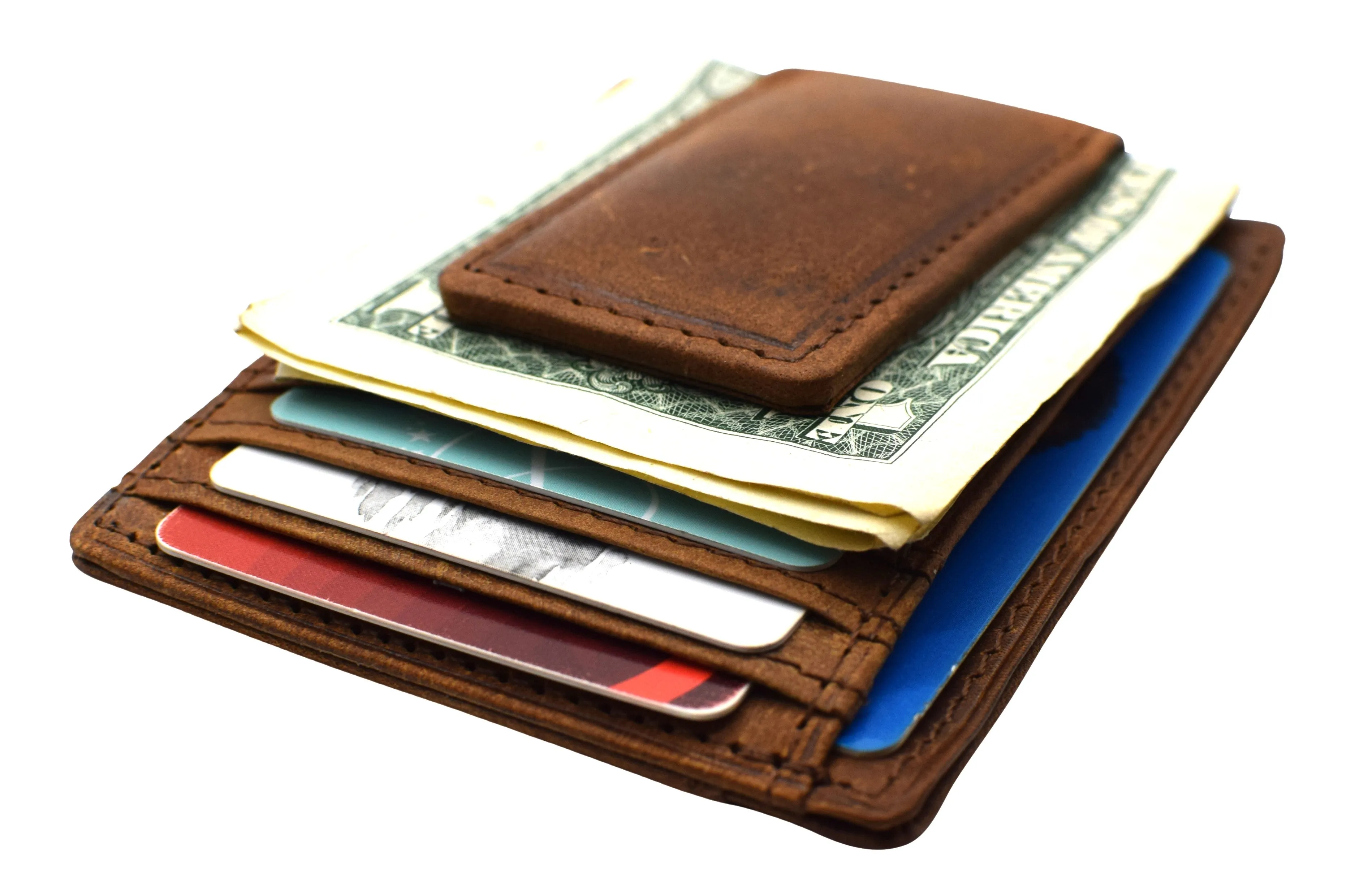 910EHUQ Marshal Genuine Hunter Leather Money Clip Front Pocket ID Wallet Strong Magnet