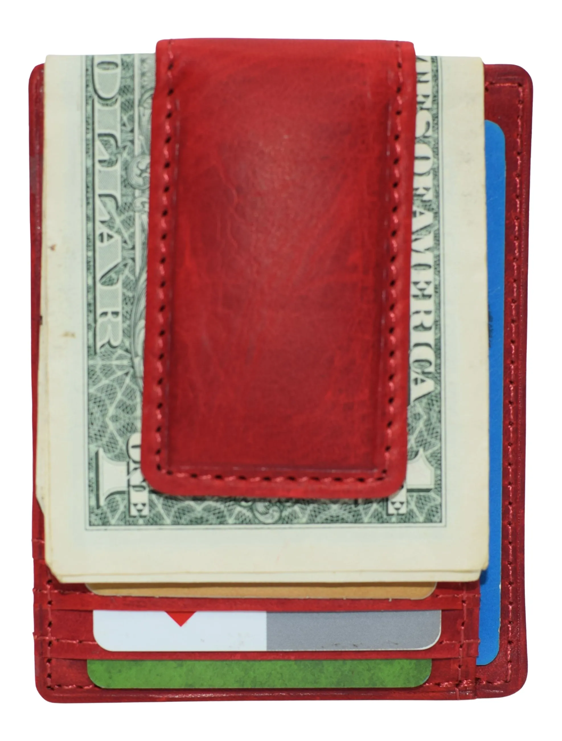910EHUQ Marshal Genuine Hunter Leather Money Clip Front Pocket ID Wallet Strong Magnet