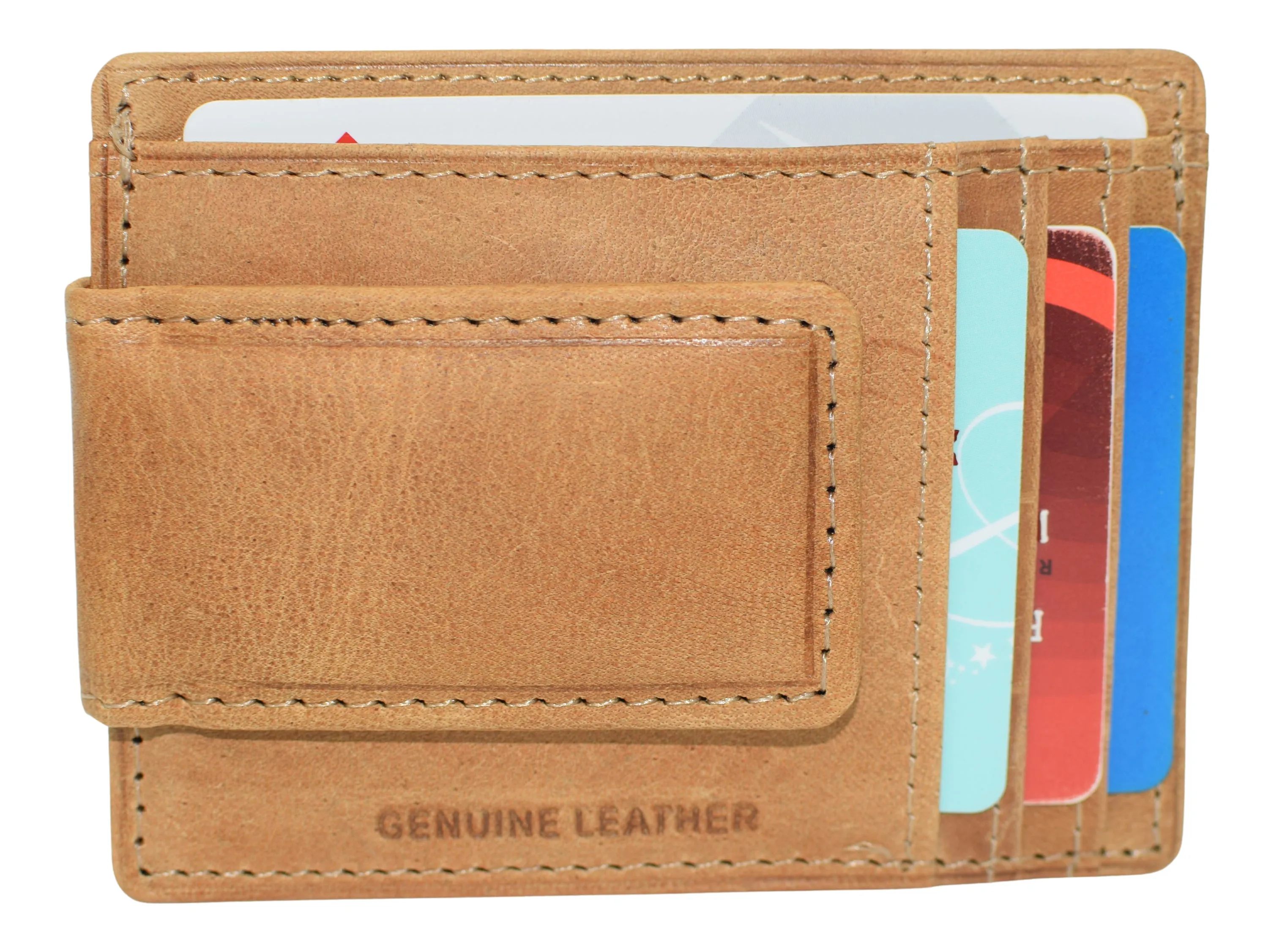 910EHUQ Marshal Genuine Hunter Leather Money Clip Front Pocket ID Wallet Strong Magnet