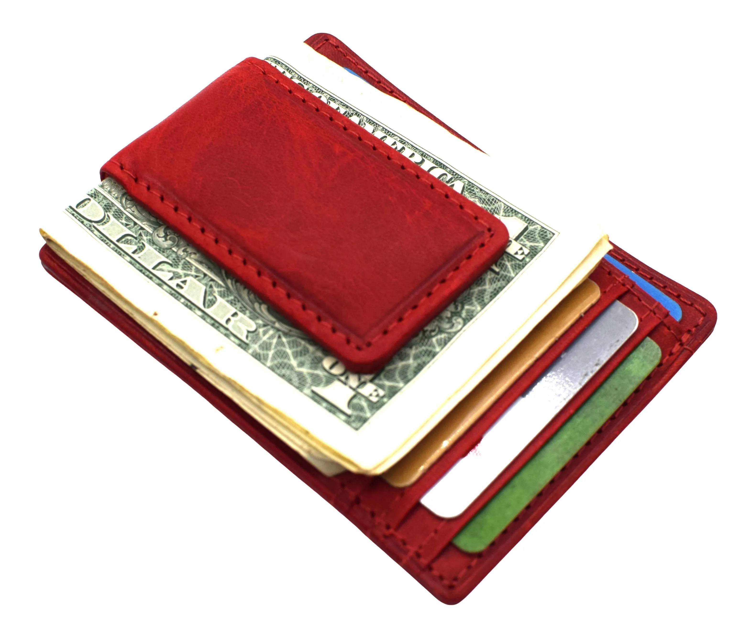 910EHUQ Marshal Genuine Hunter Leather Money Clip Front Pocket ID Wallet Strong Magnet