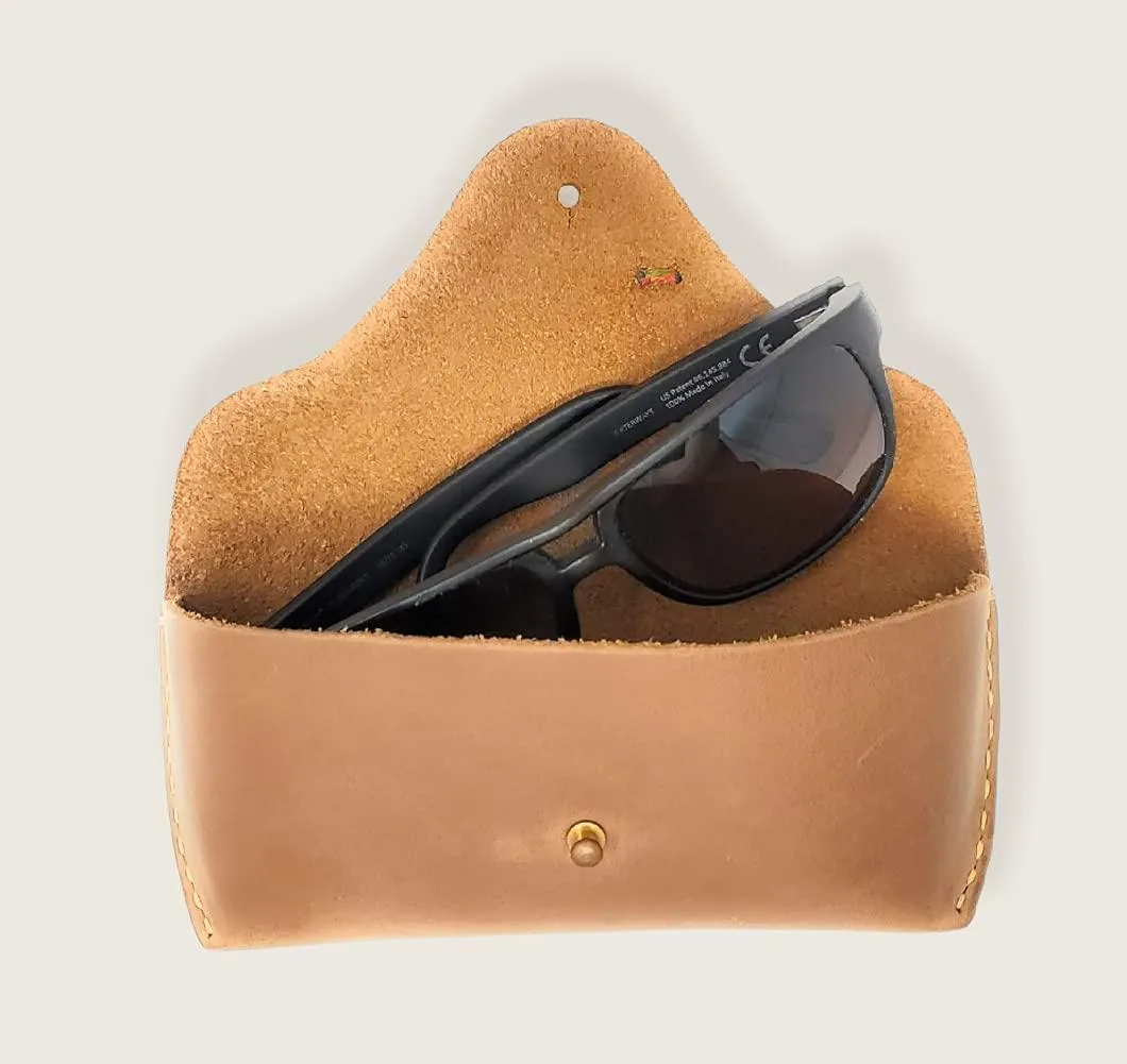 Genuine Leather Eyeglasses & Sunglasses Case with Button Closure Light Brown