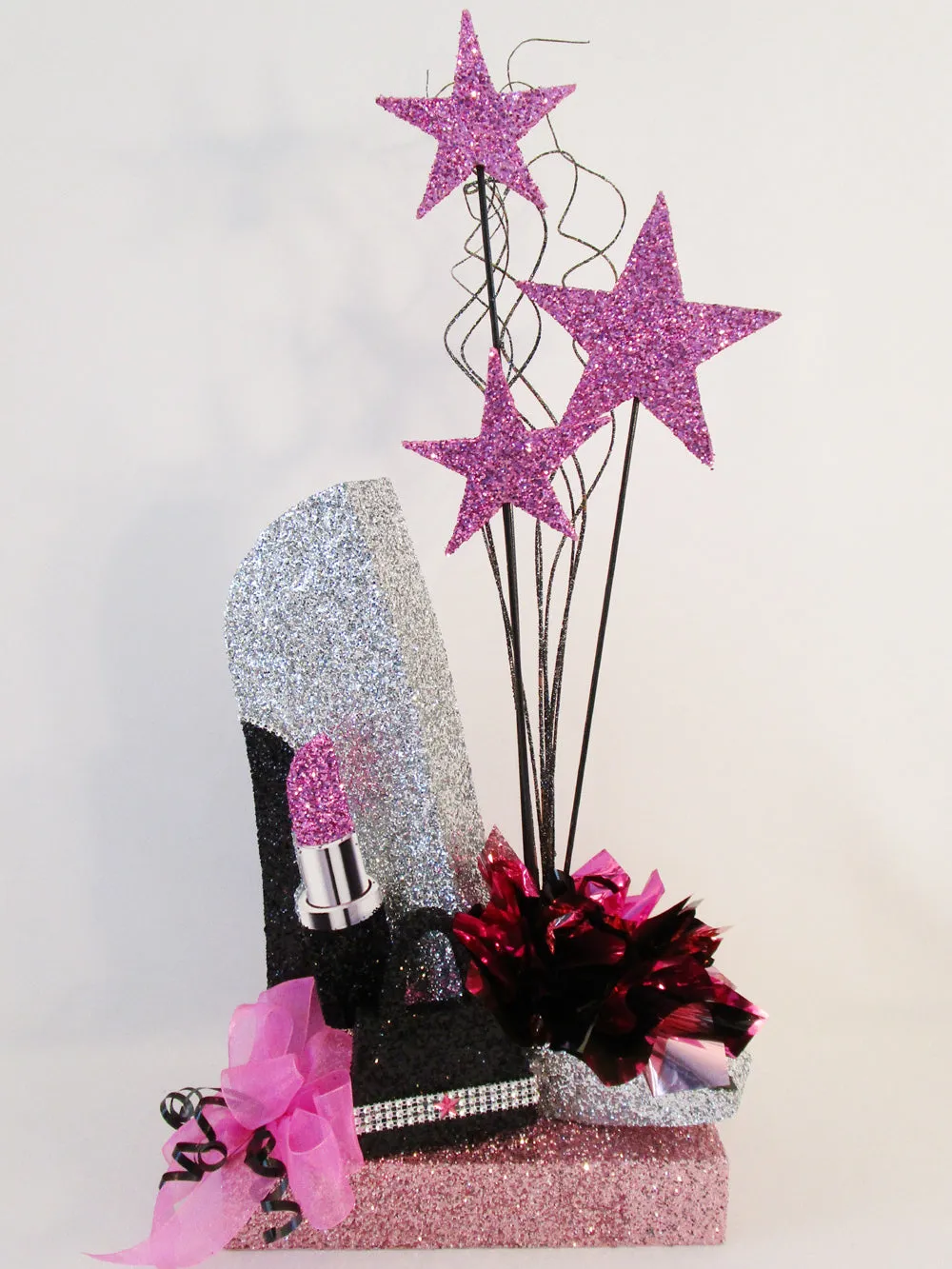 High Heel Shoe Centerpiece with Lipstick, Stars & Optional Print