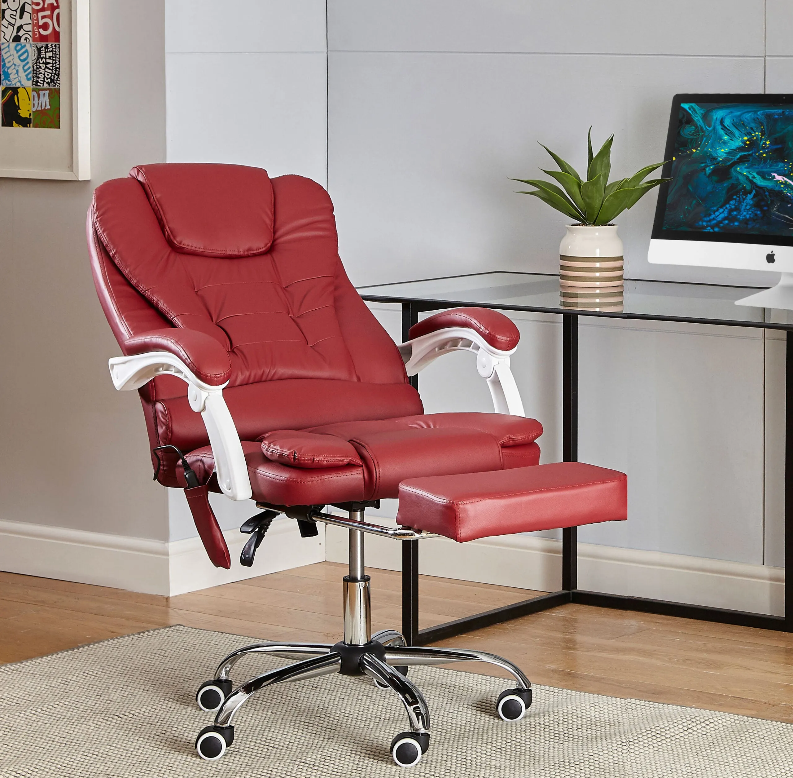 Neo Burgundy Faux Leather Office Chair With Footrest & Massage