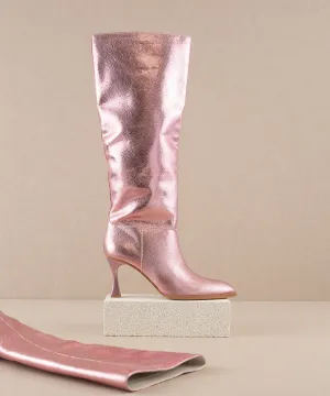 The Vanessa | Metallic Pink Alligator Print Knee High Boot
