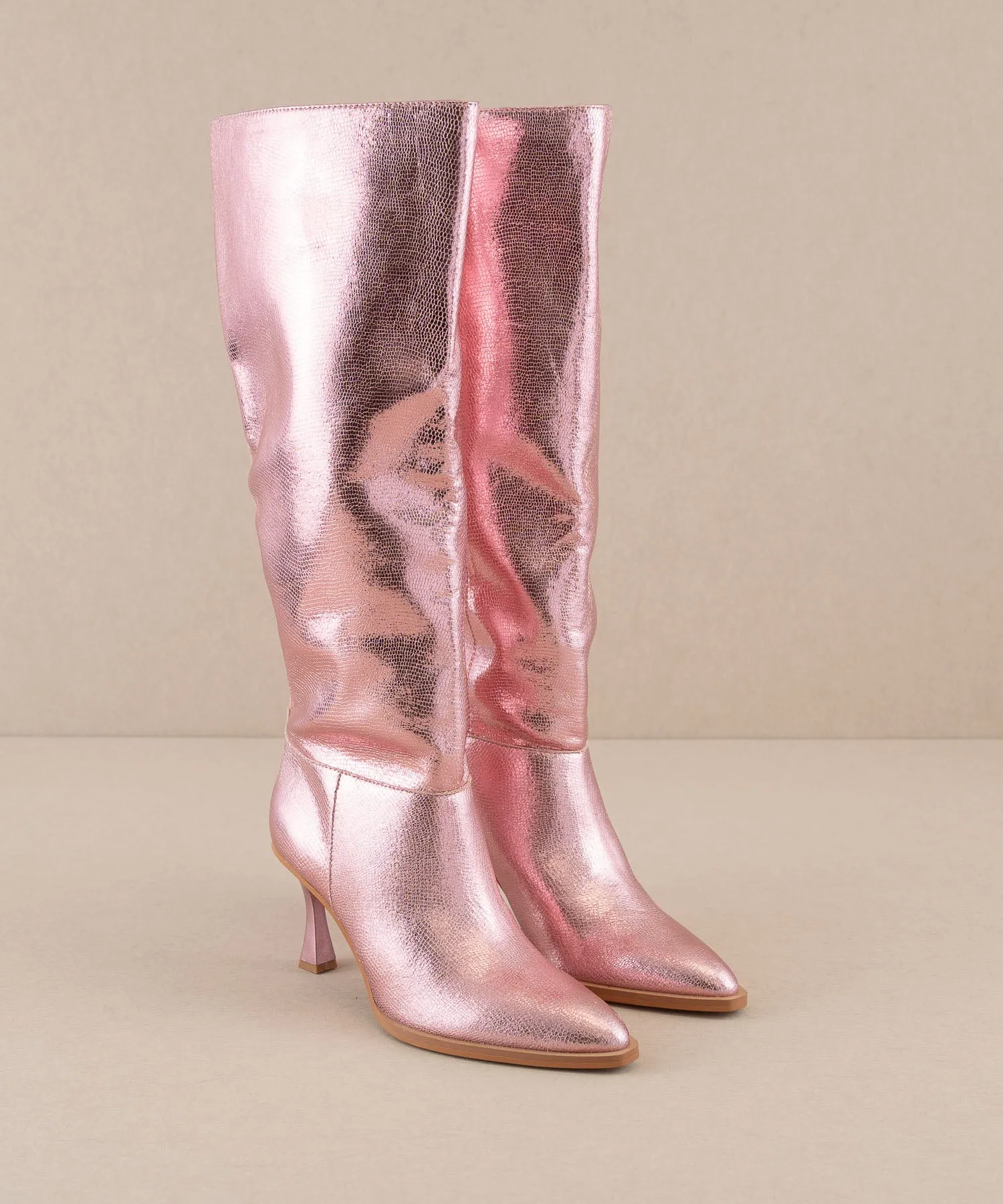 The Vanessa | Metallic Pink Alligator Print Knee High Boot