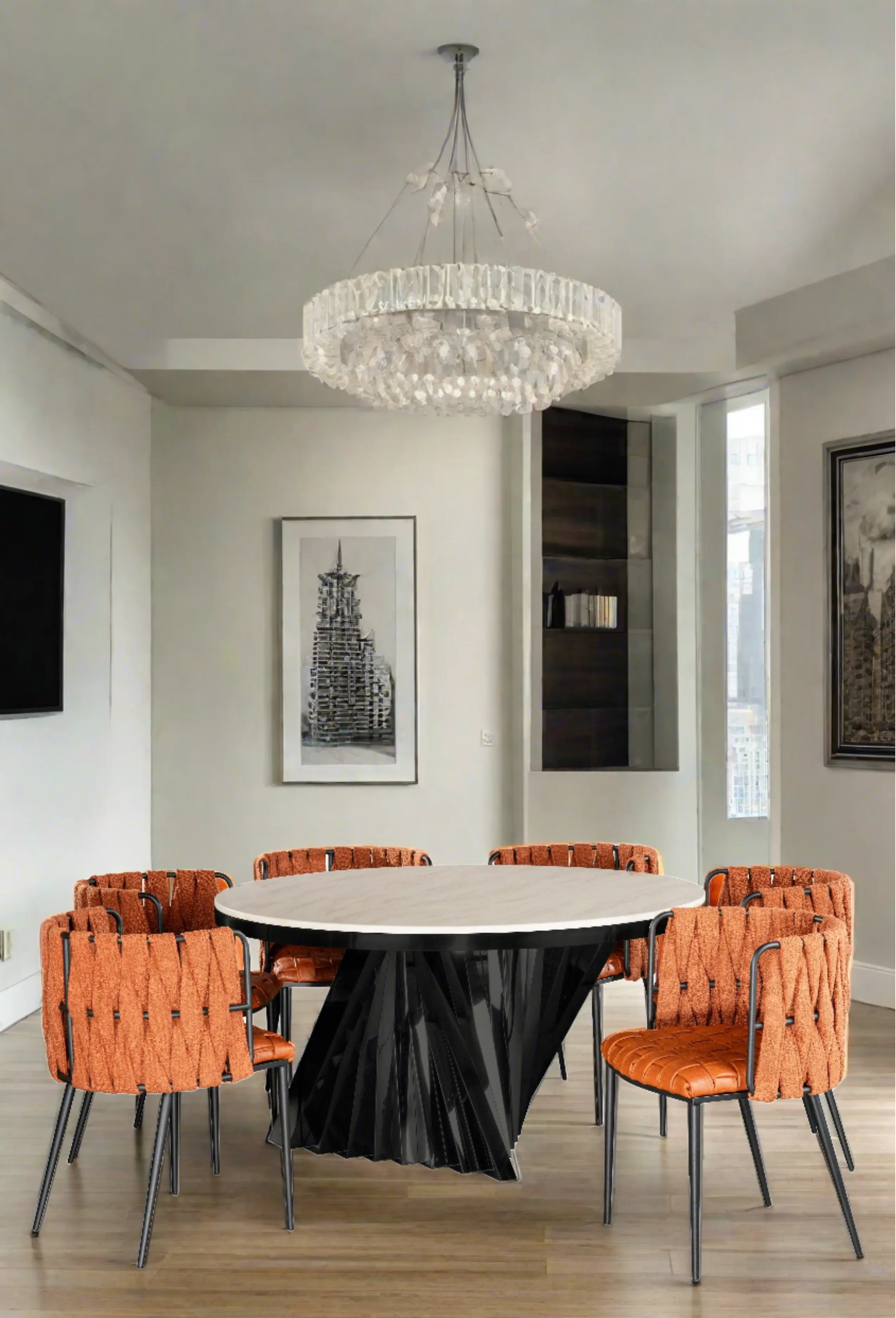 Waterfall Round Black Dining Set for 6 with Orange Chairs